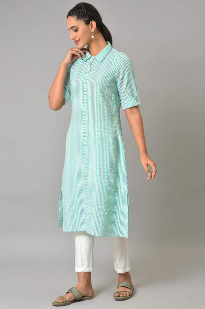 Green A-Line Shirt Collar Kurta