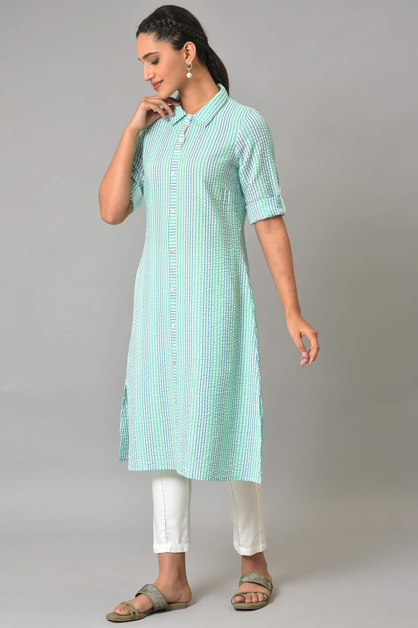 Green Striped A-Line Cotton Kurta