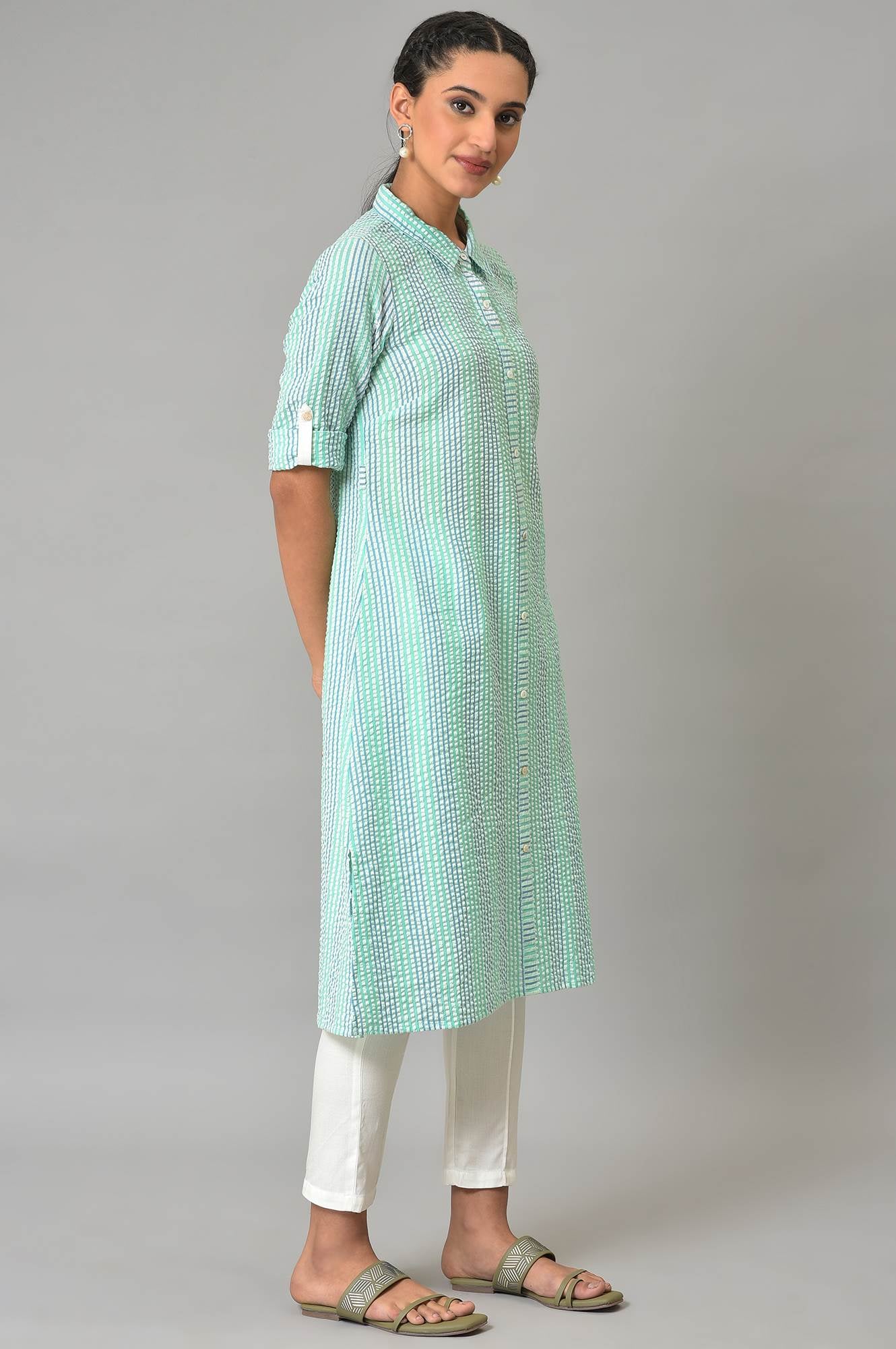 Green A-Line Shirt Collar Kurta