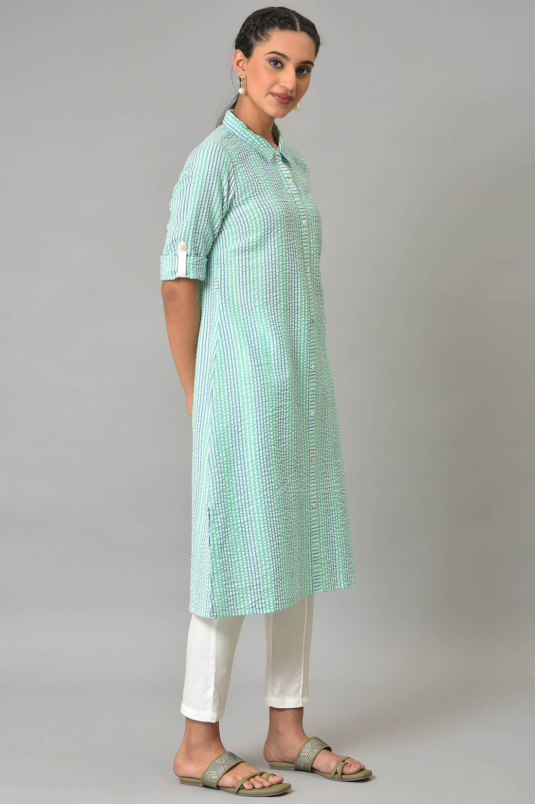 Green Striped A-Line Cotton Kurta