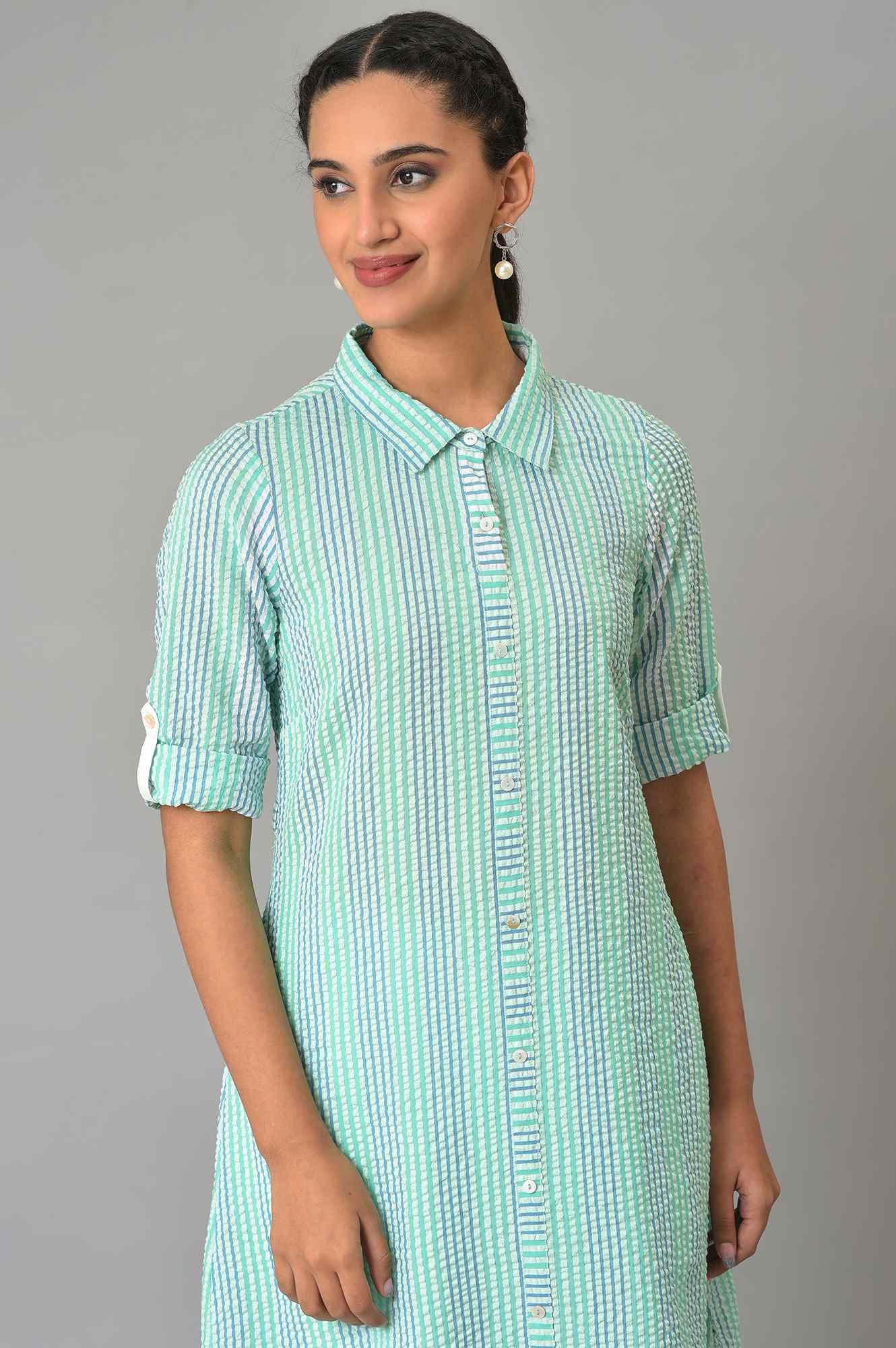 Green A-Line Shirt Collar Kurta