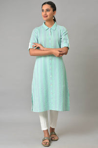 Green A-Line Shirt Collar kurta