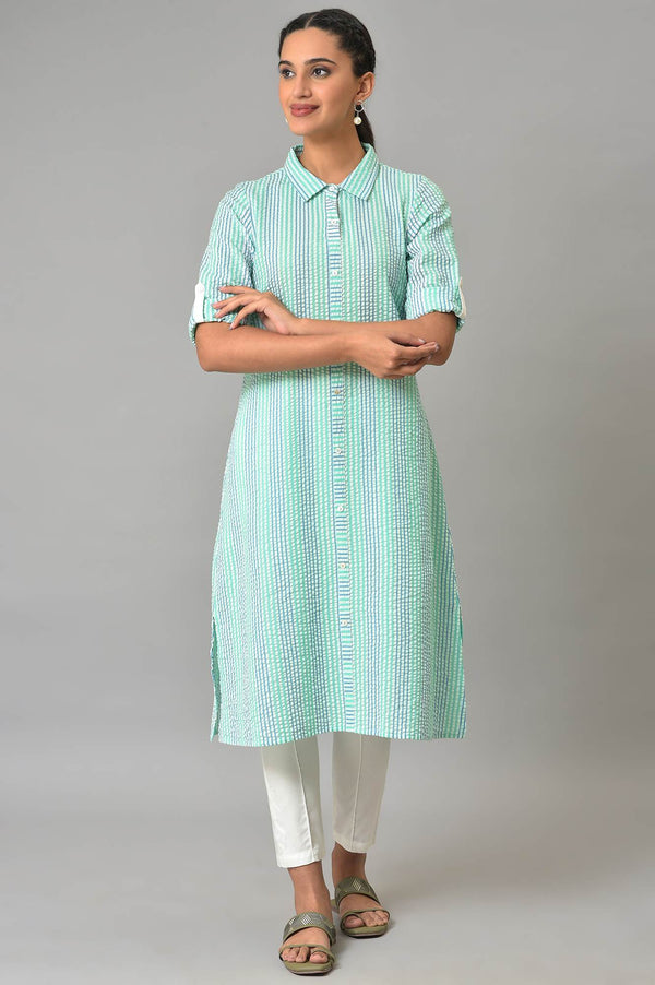 Green A-Line Shirt Collar kurta
