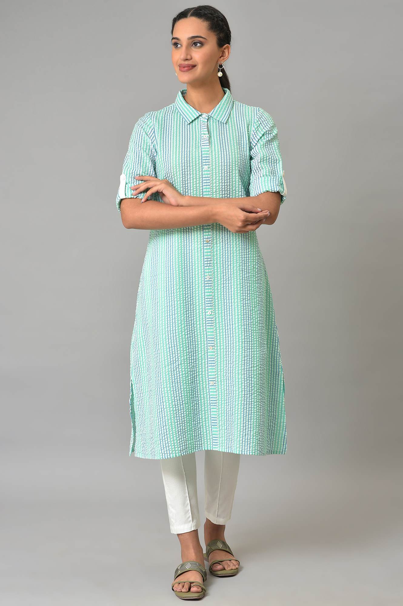 Green Striped A-Line Cotton Kurta