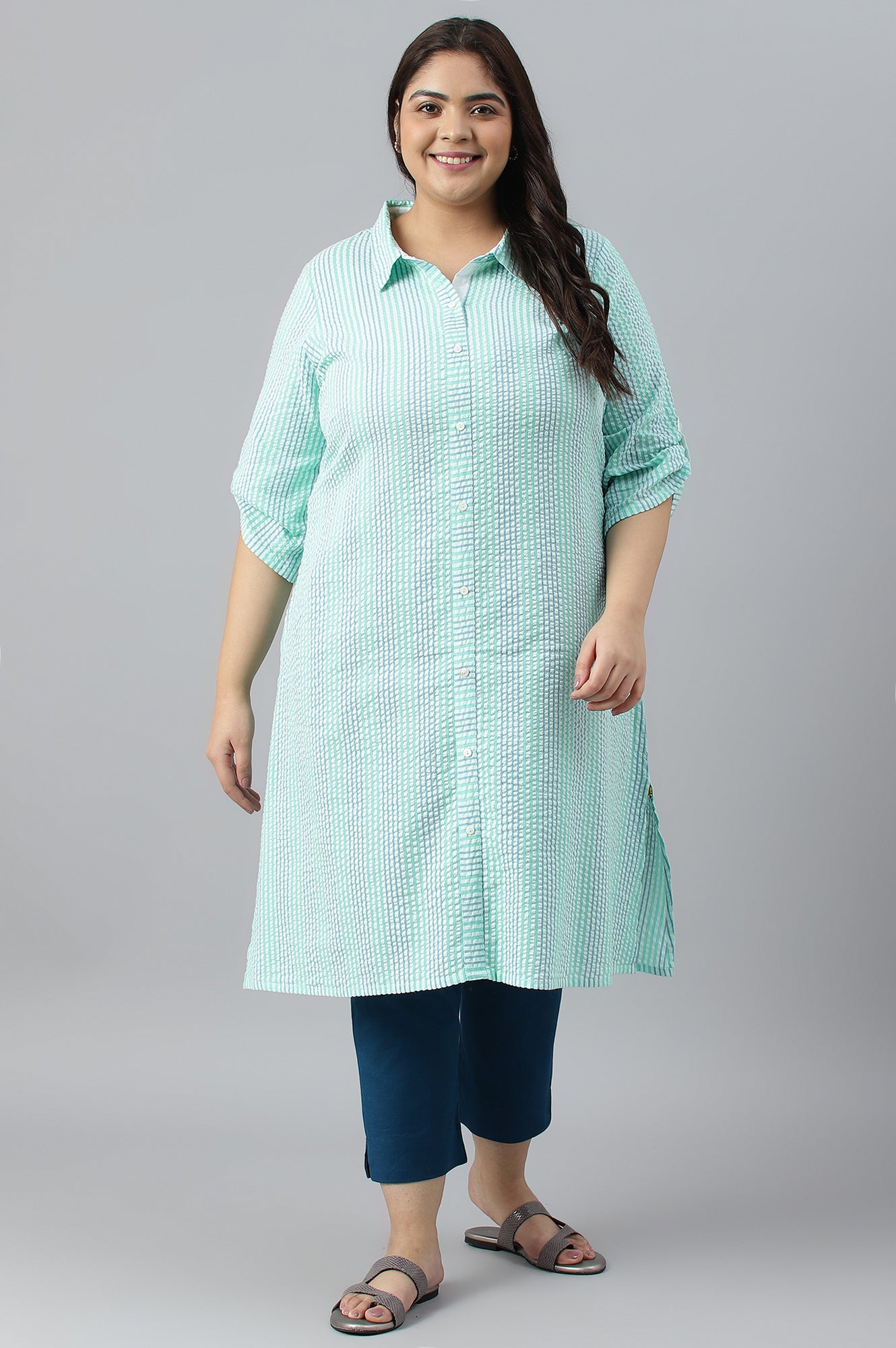 Green A-Line Shirt Collar Plus Size kurta