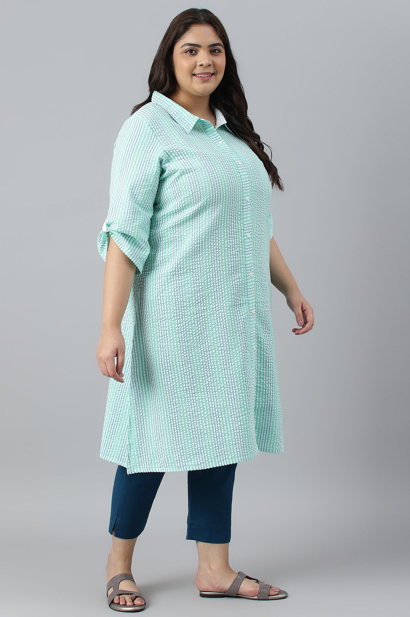 Green A-Line Shirt Collar Plus Size kurta