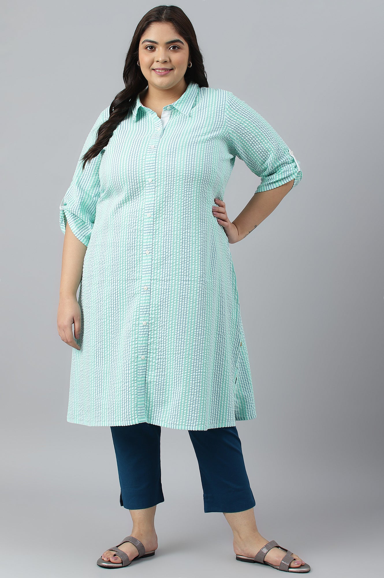 Green A-Line Shirt Collar Plus Size kurta