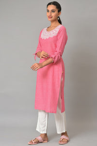 Red Cotton Round Neck Embroidered Plus Size kurta