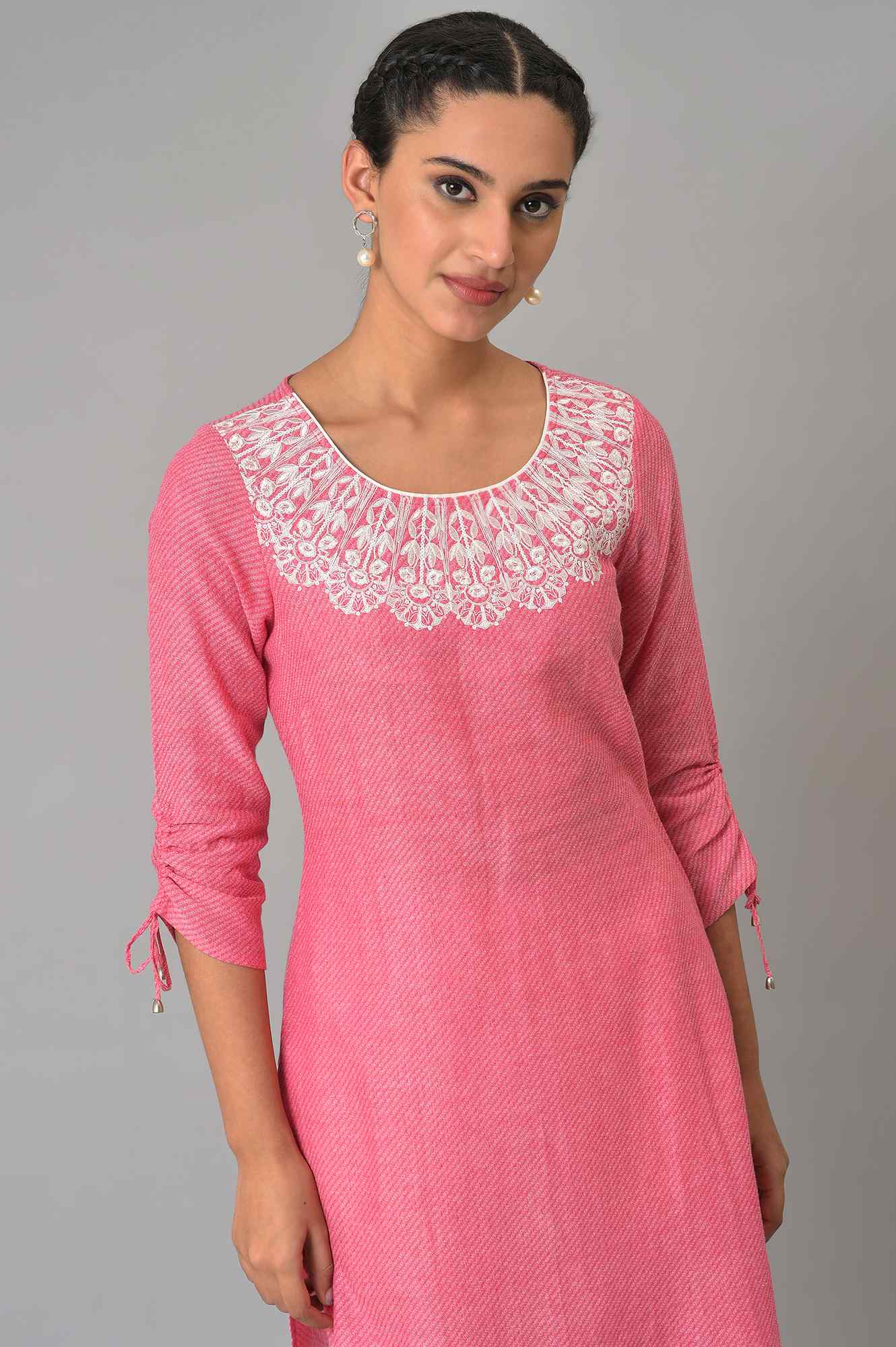 Red Cotton Round Neck Embroidered Plus Size kurta