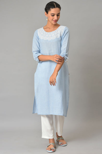 Blue Cotton Round Neck Embroidered kurta