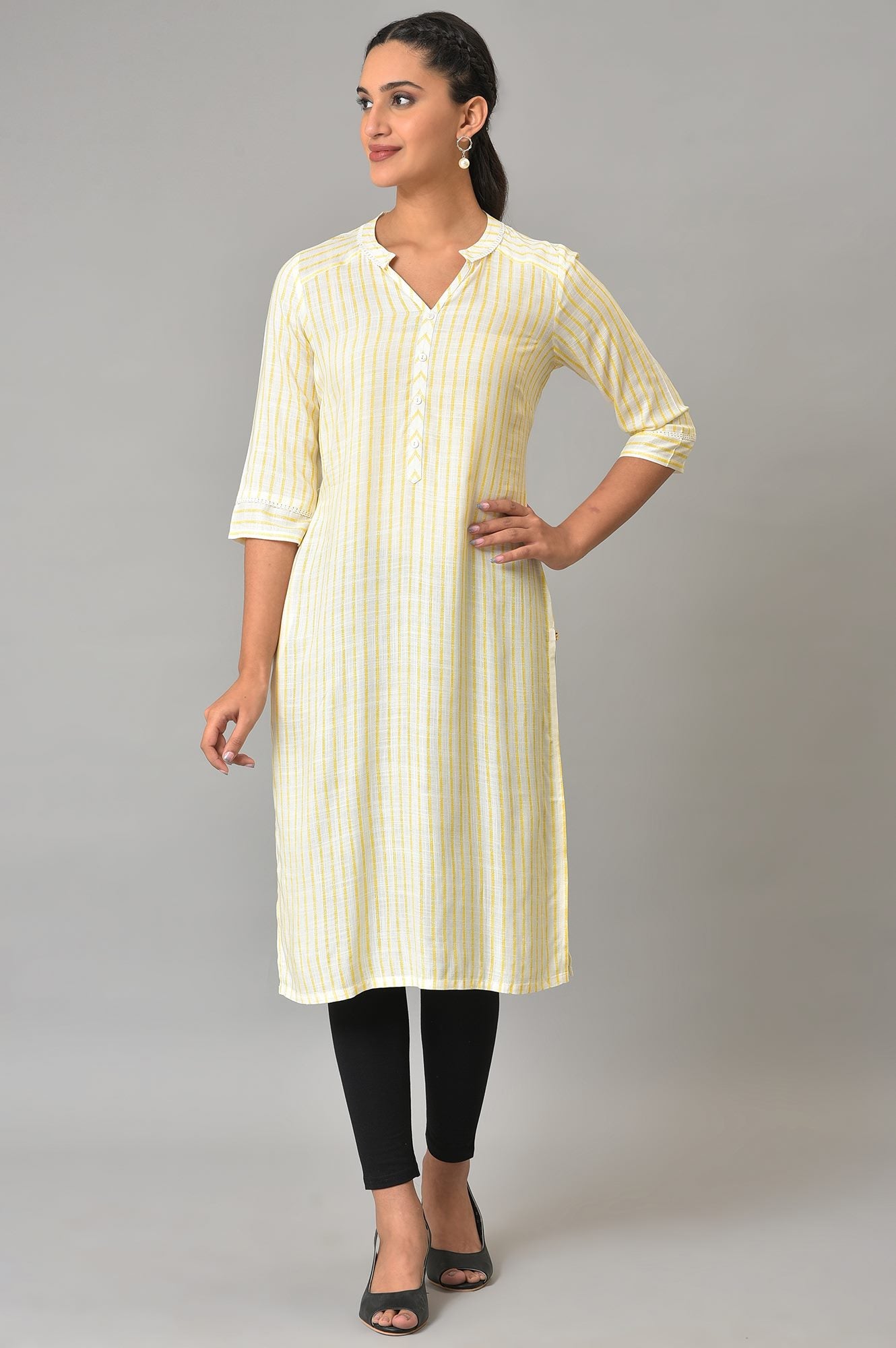 Yellow Stripe Printed Casual kurta