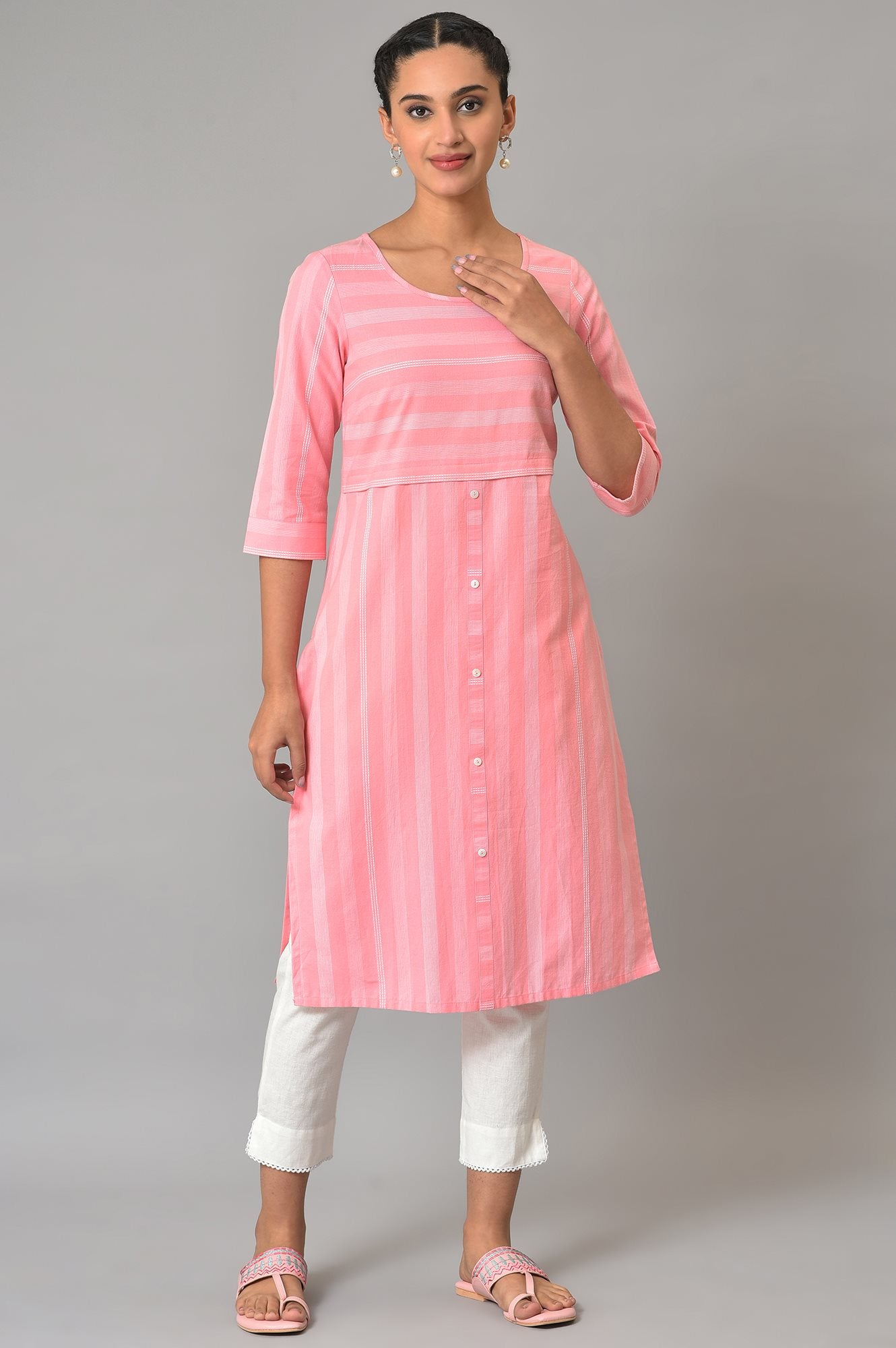 Pink Printed Round Neck kurta