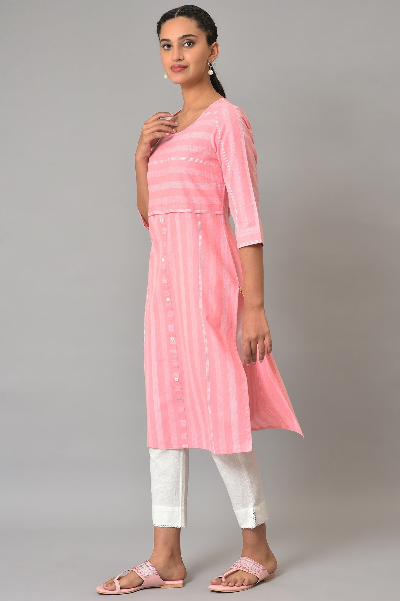 Pink Printed Round Neck kurta