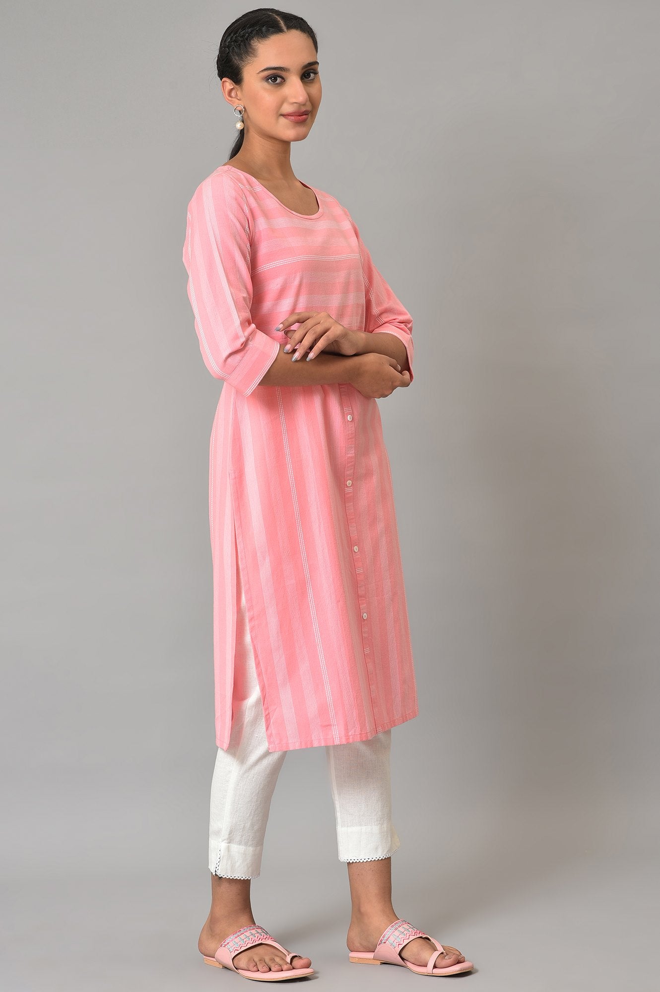 Pink Printed Round Neck kurta