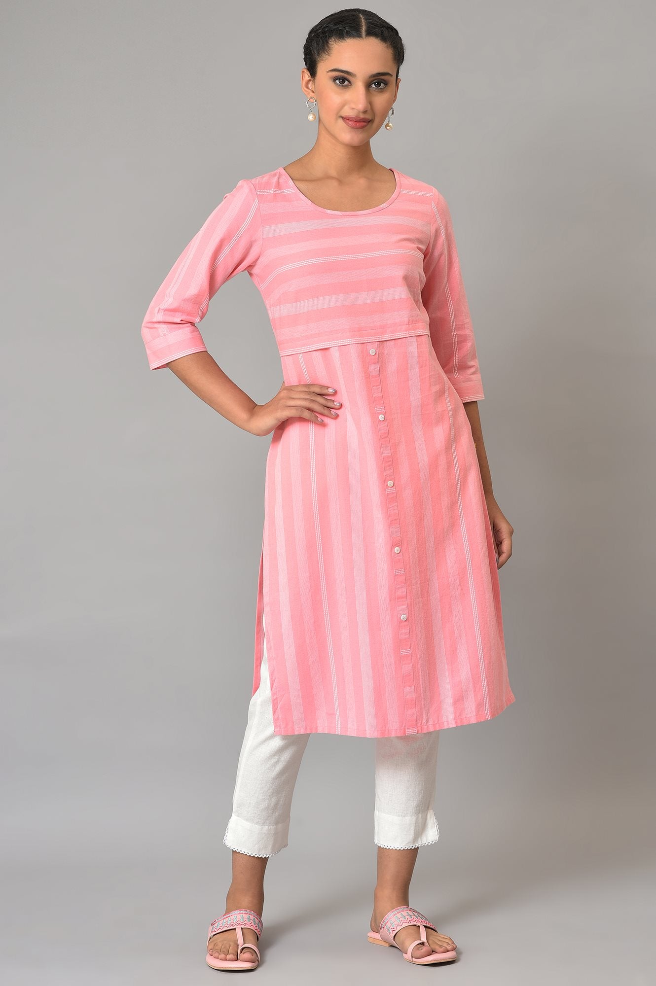 Pink Printed Round Neck kurta