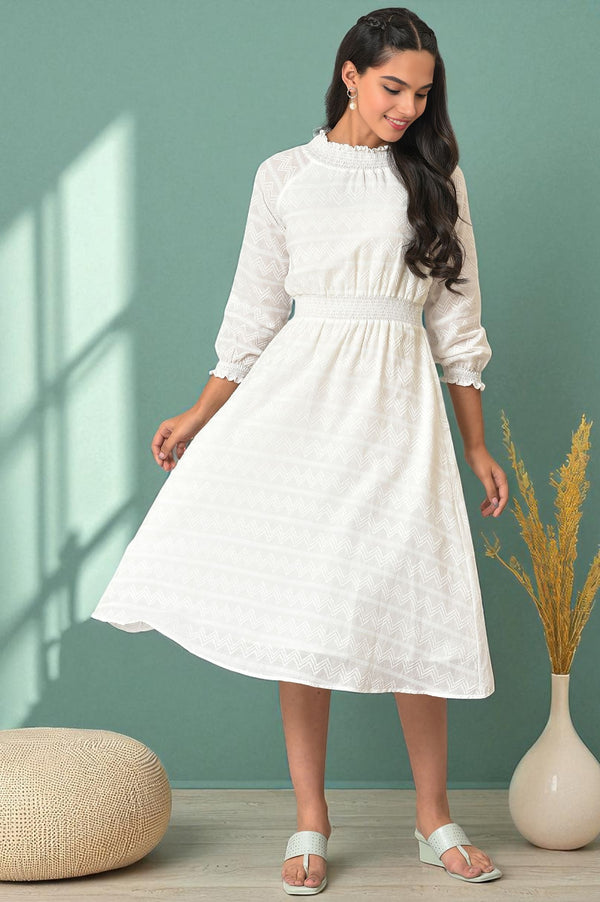White Flared Printed Modern Ethnic Dress