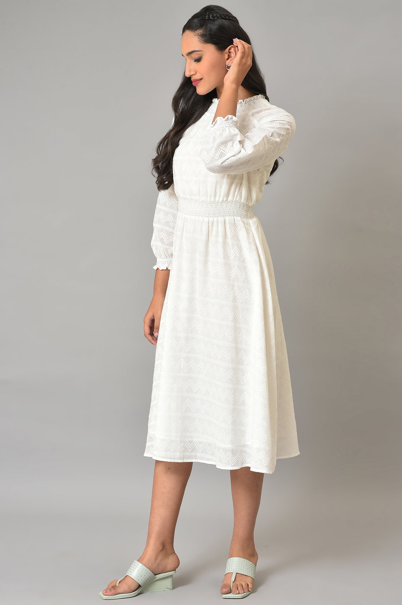 White Flared Printed Modern Ethnic Dress