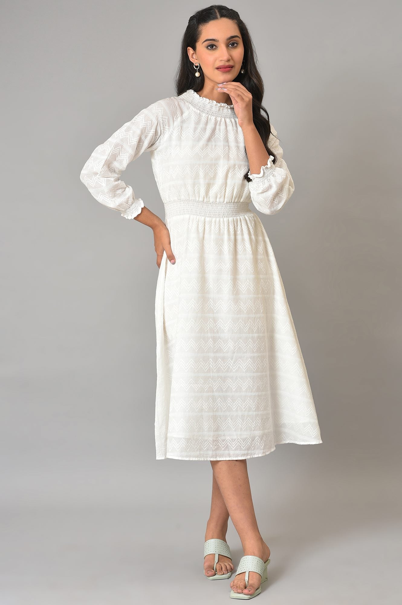 White Flared Printed Modern Ethnic Dress