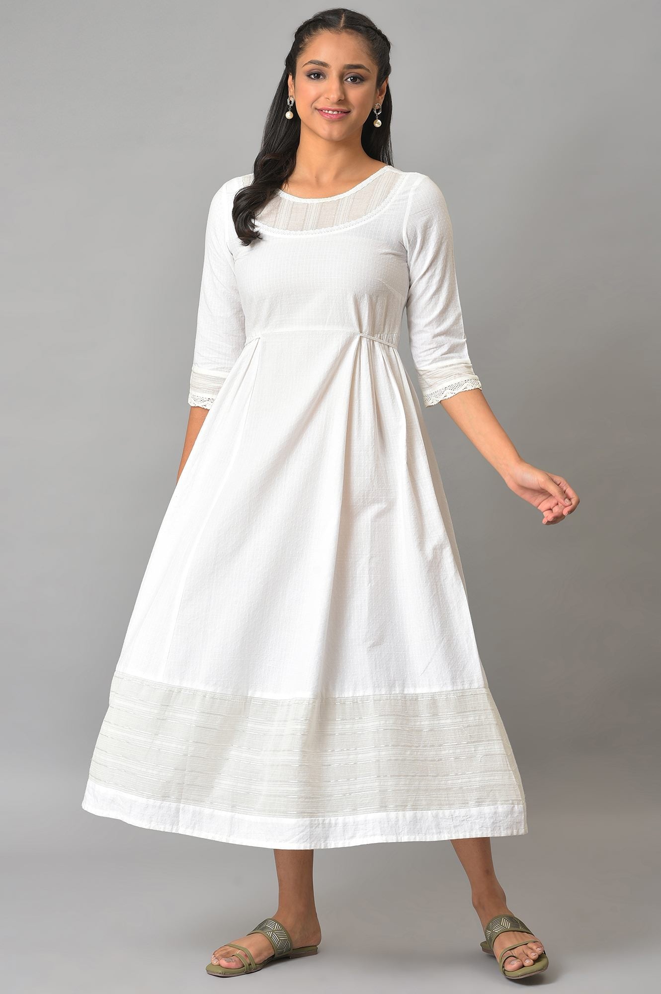 White Flared Printed Modern Ethnic Dress