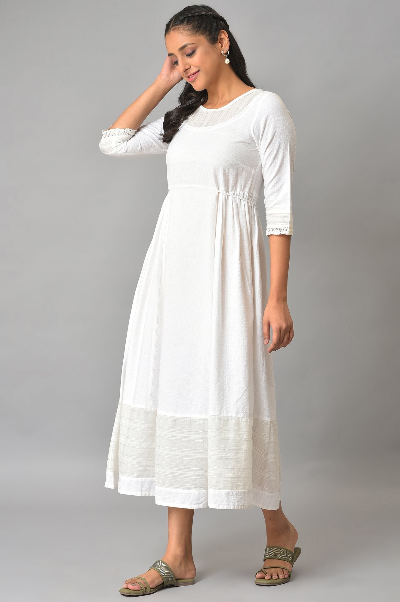 White Flared Printed Modern Ethnic Dress