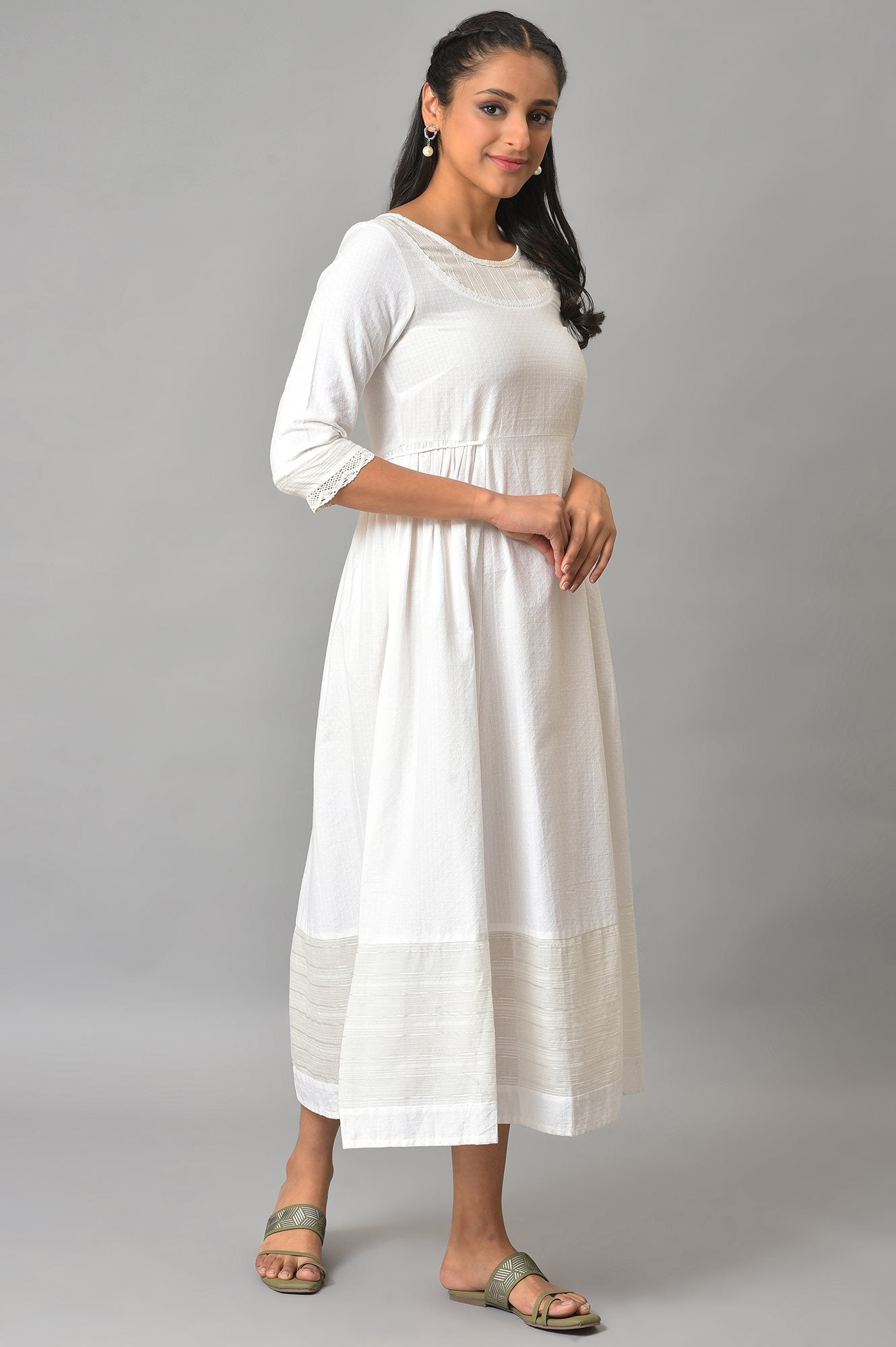 White Flared Printed Modern Ethnic Dress