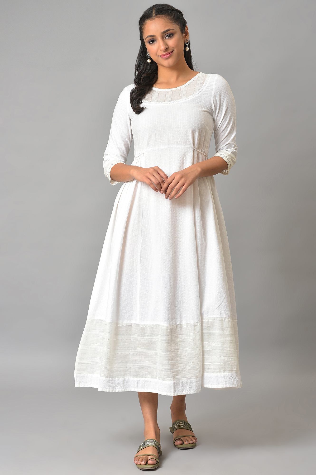 White Flared Printed Modern Ethnic Dress