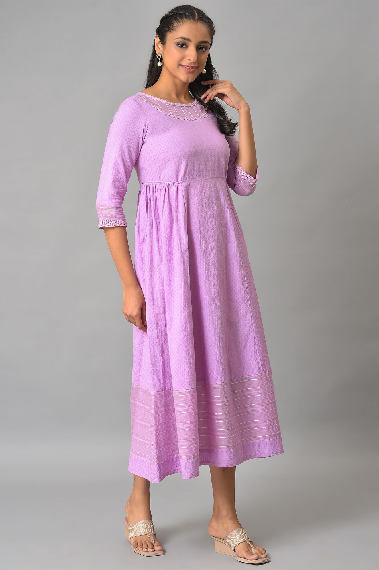 Purple Flared Printed Modern Ethnic Dress