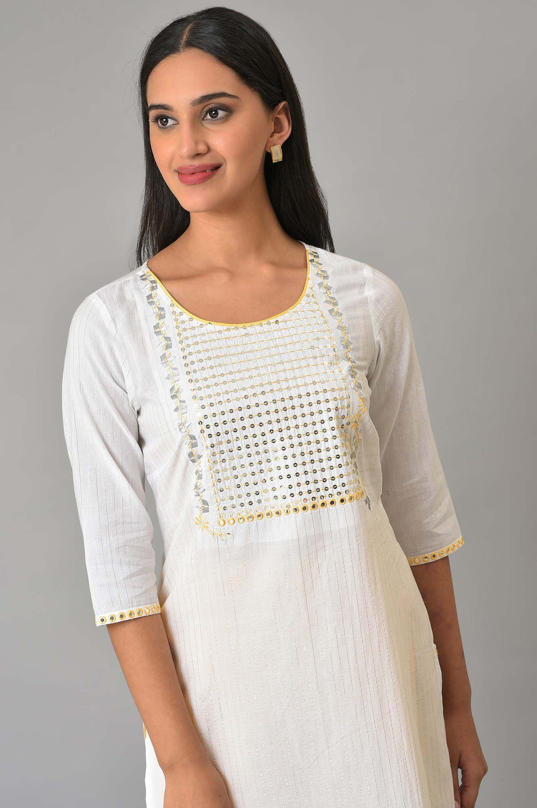 White Dori Embroidered &amp; Sequins Cotton Blend Straight Kurta and Tight Set