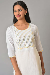 White Dori Embroidered &amp; Sequins Cotton Blend Straight Kurta and Tight Set