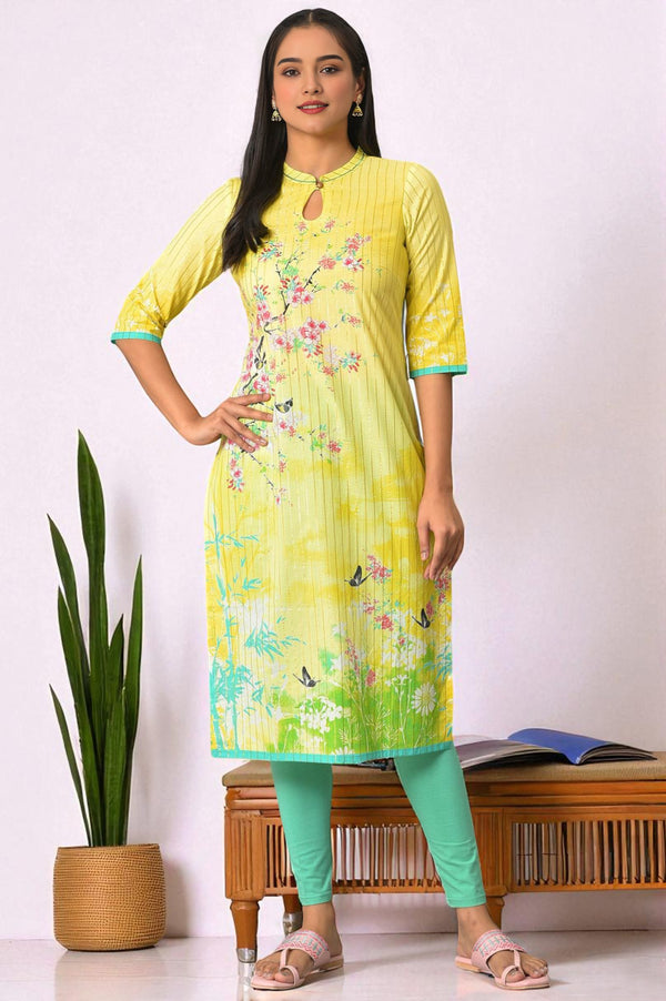 Yellow Floral Printed Straight Summer kurta