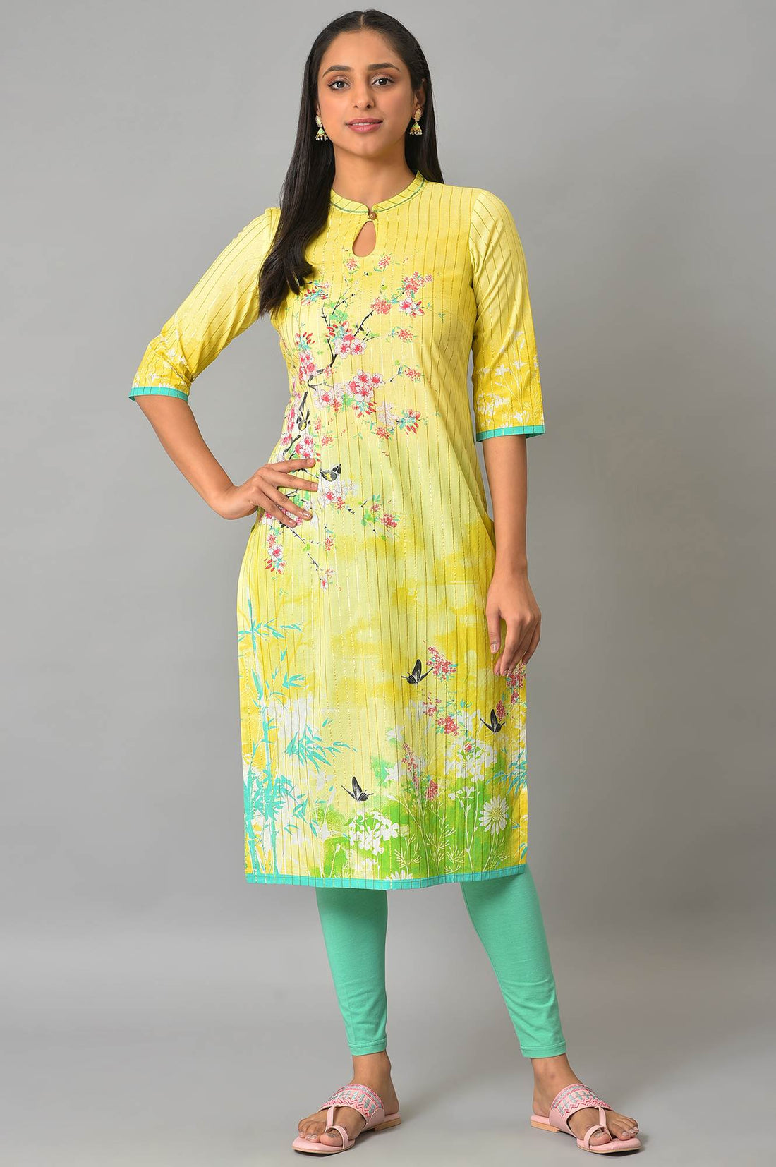 Yellow Floral Printed Straight Summer kurta