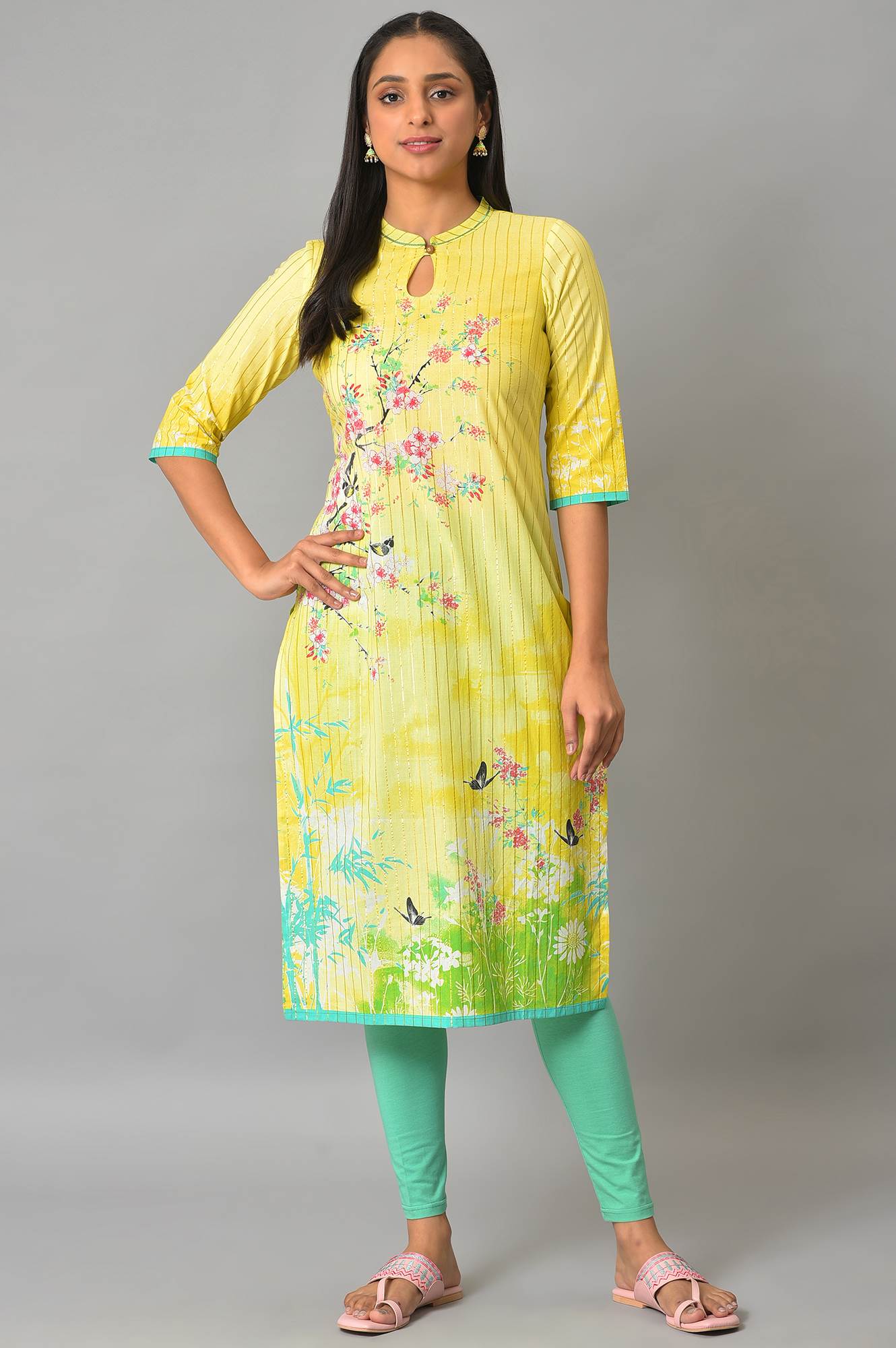 Yellow Floral Printed Straight Summer kurta