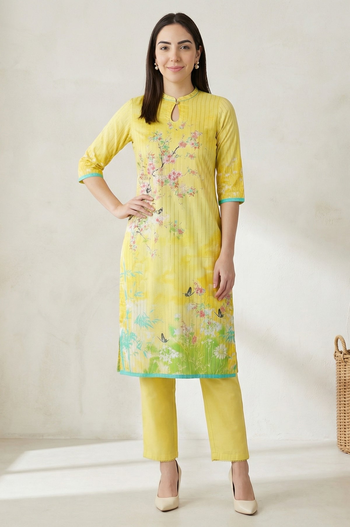 Yellow Floral Printed Straight Summer kurta - XS