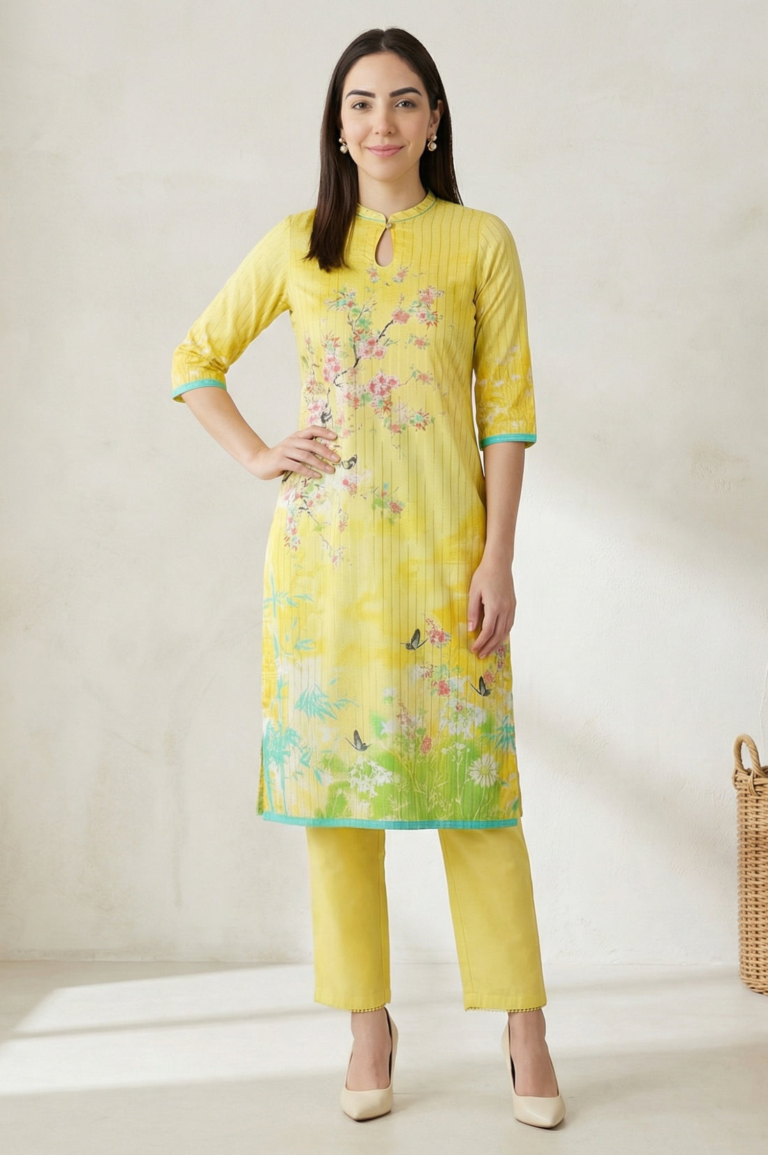 Yellow Floral Printed Straight Summer kurta