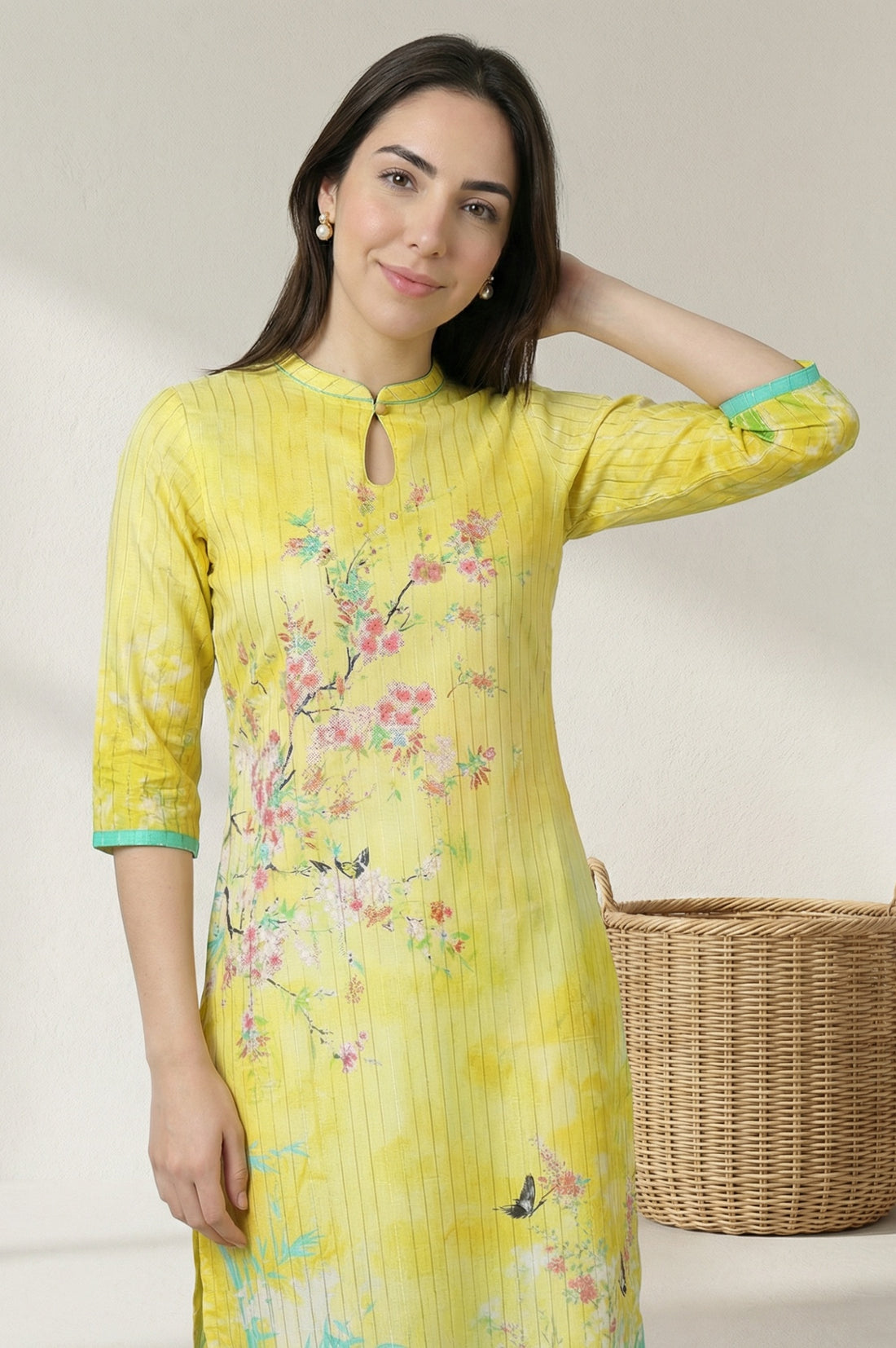 Yellow Floral Printed Straight Summer kurta