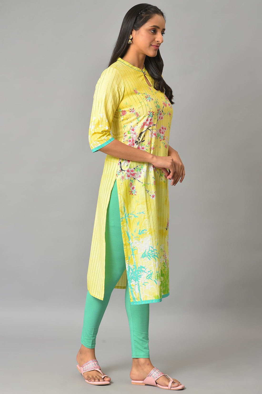 Yellow Floral Printed Straight Summer kurta