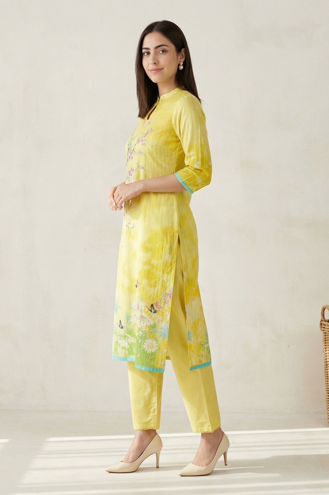 Yellow Floral Printed Straight Summer kurta