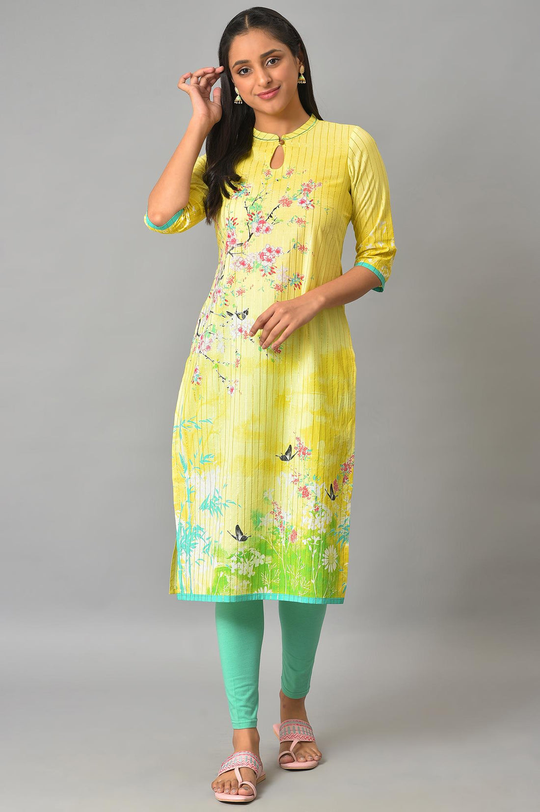 Yellow Floral Printed Straight Summer kurta