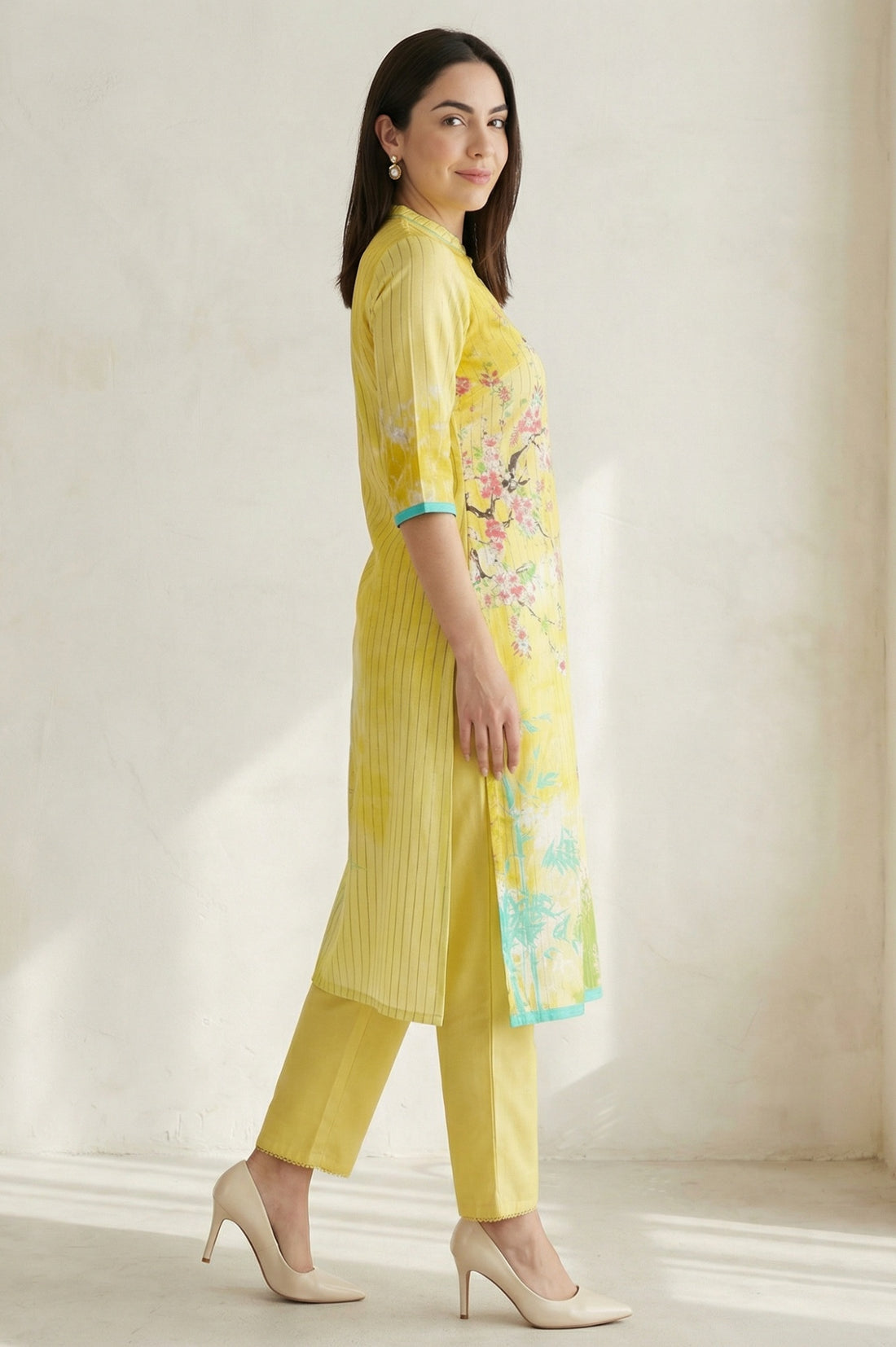 Yellow Floral Printed Straight Summer kurta