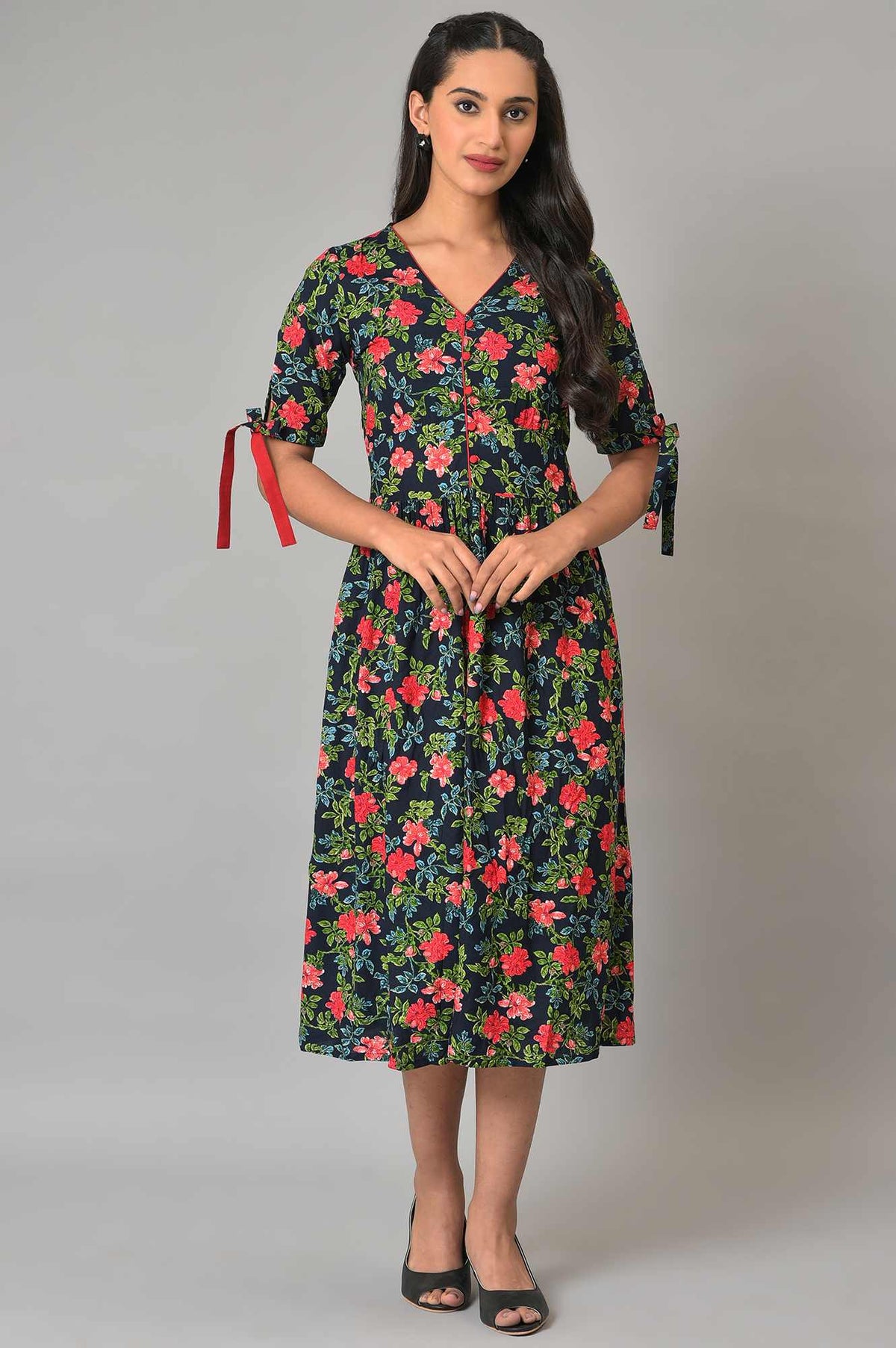 Blue A-Line Floral Printed Summer Dress - XS