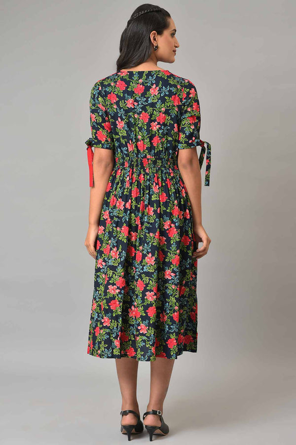 Blue A-Line Floral Printed Summer Dress