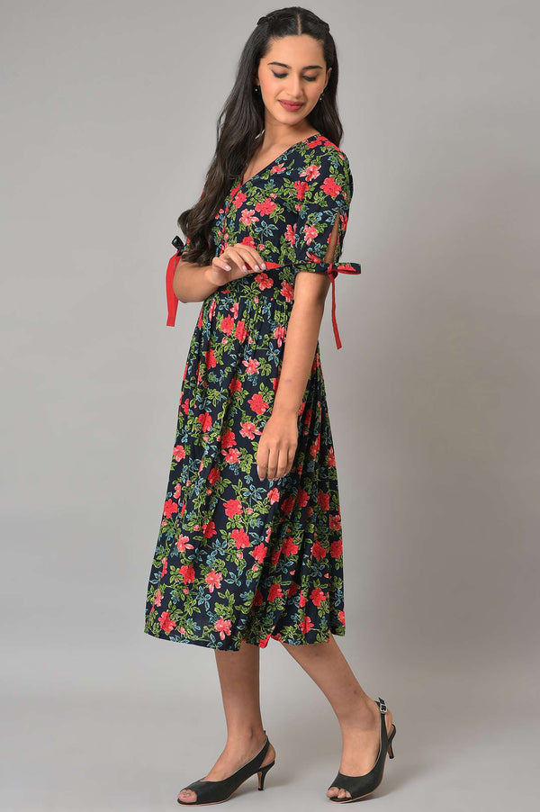 Blue A-Line Floral Printed Summer Dress