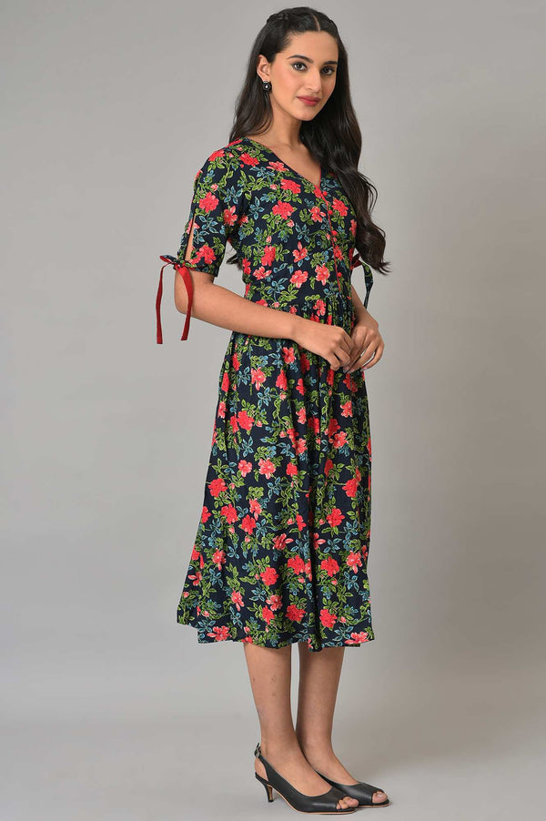 Blue A-Line Floral Printed Summer Dress