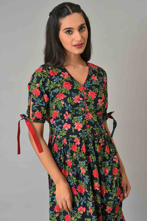 Blue A-Line Floral Printed Summer Dress