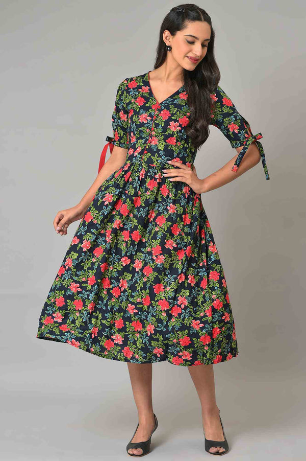 Blue A-Line Floral Printed Summer Dress