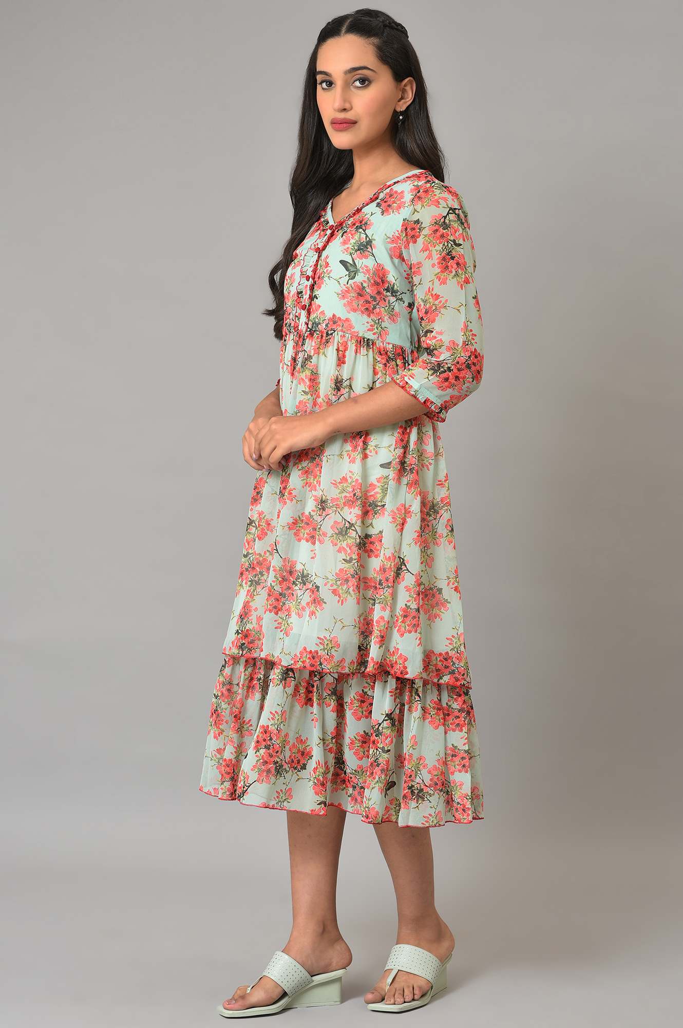 Blue Flared Printed Chiffon Dress