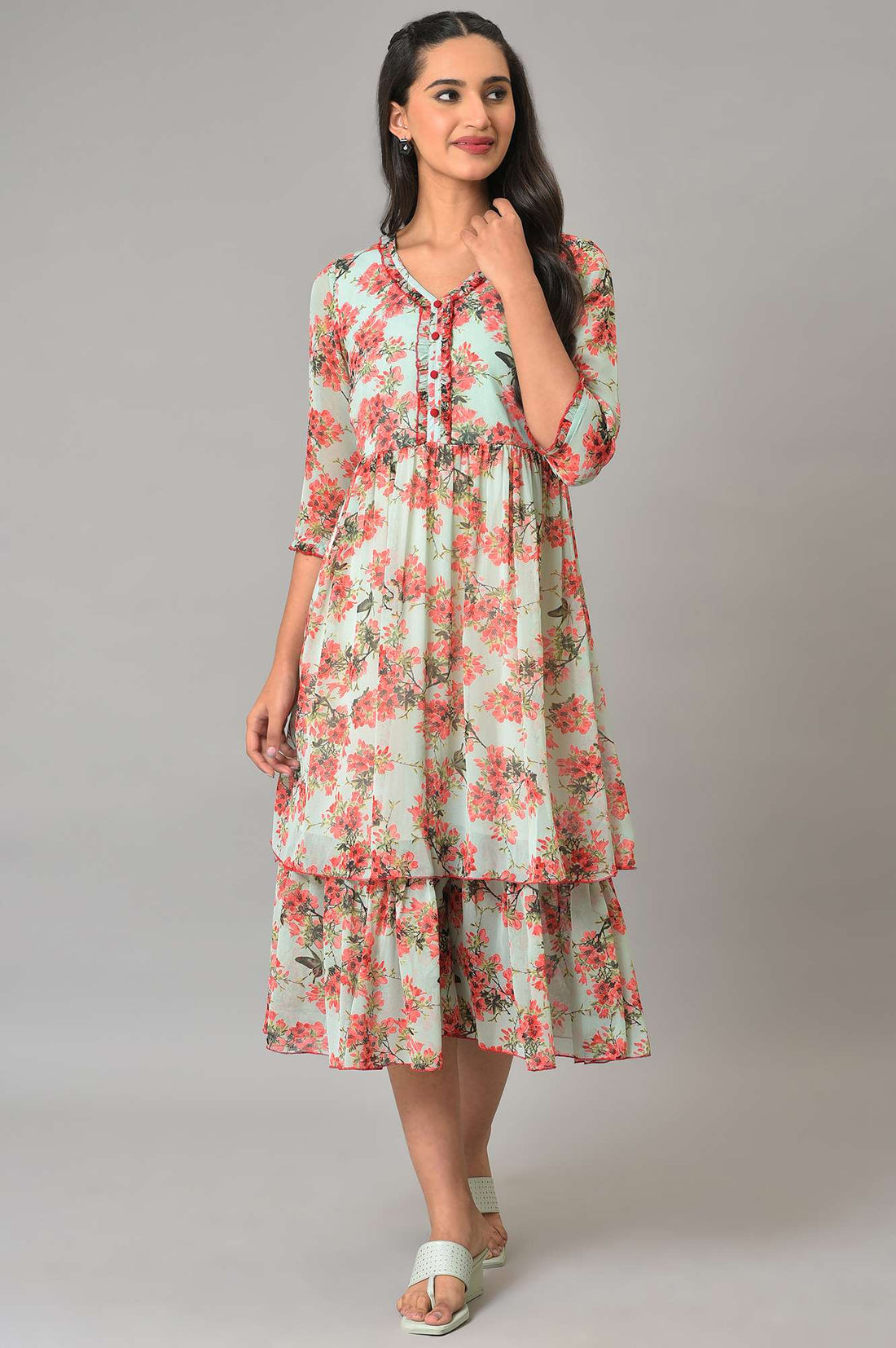 Blue Flared Printed Chiffon Dress