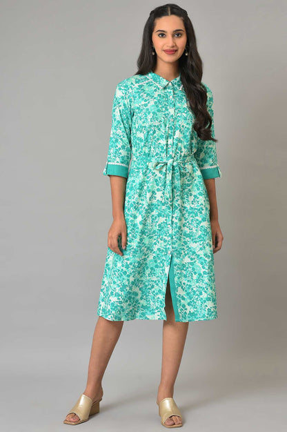 Green Cotton Floral Printed Summer Dress