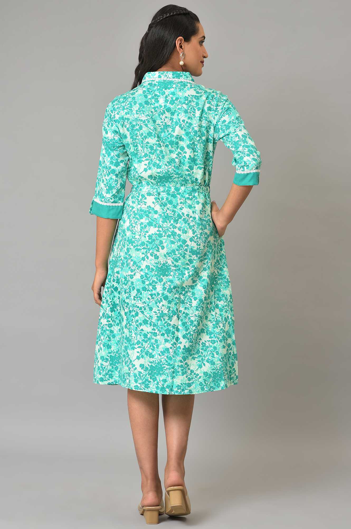 Buy Green Cotton Floral Printed Summer Dress Online for Woman