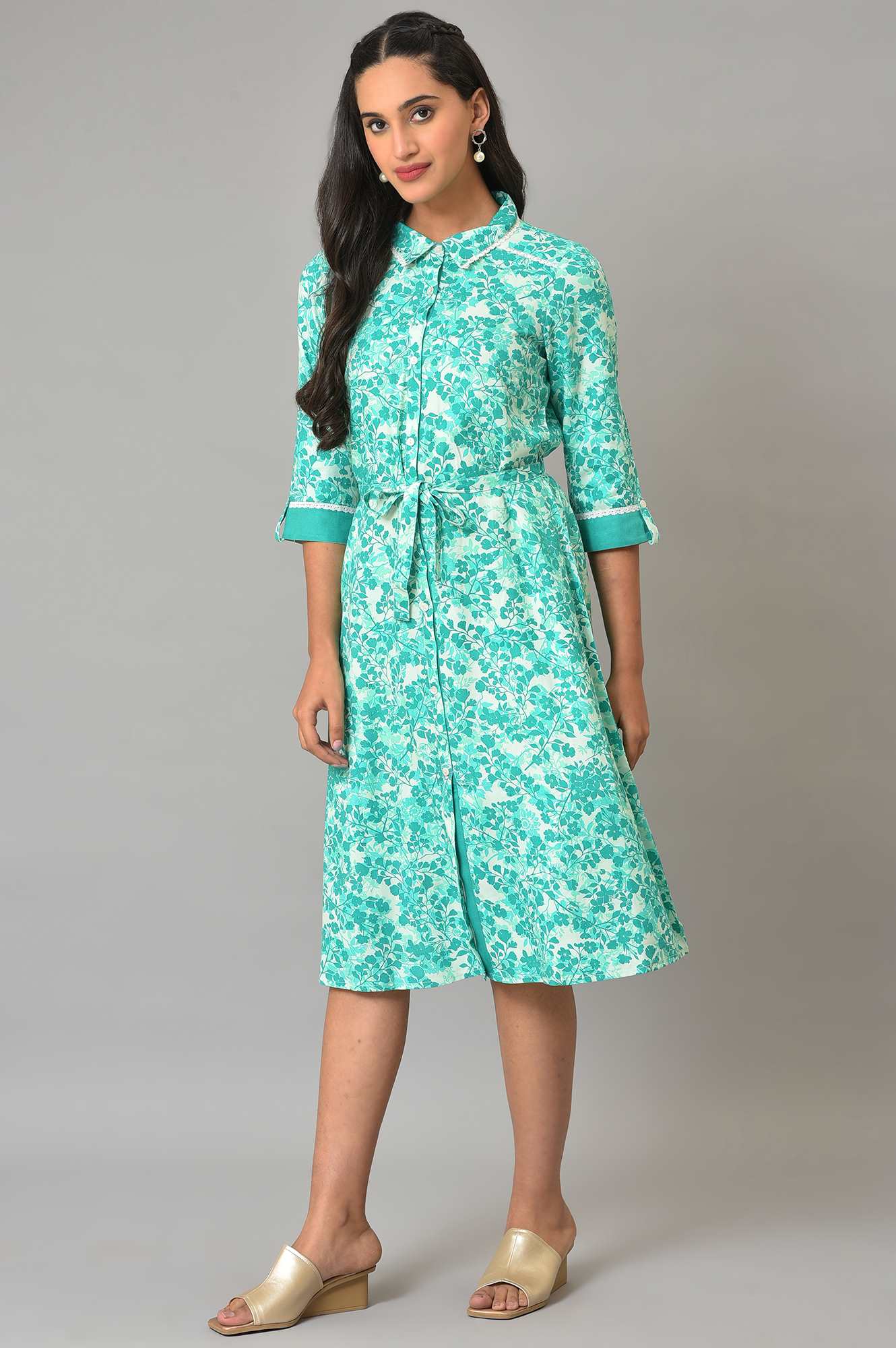 Green Cotton Floral Printed Summer Dress